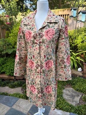 BIYA by Johnny Was Silk Floral Embroidered Beige Pea Coat